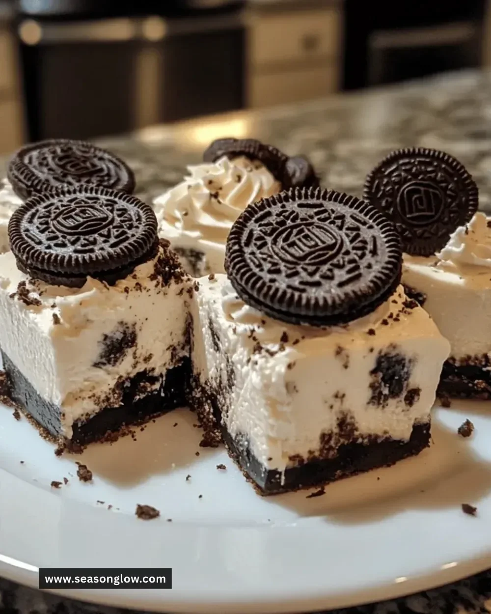No-bake Oreo cheesecake bites on a plate, ready to serve.