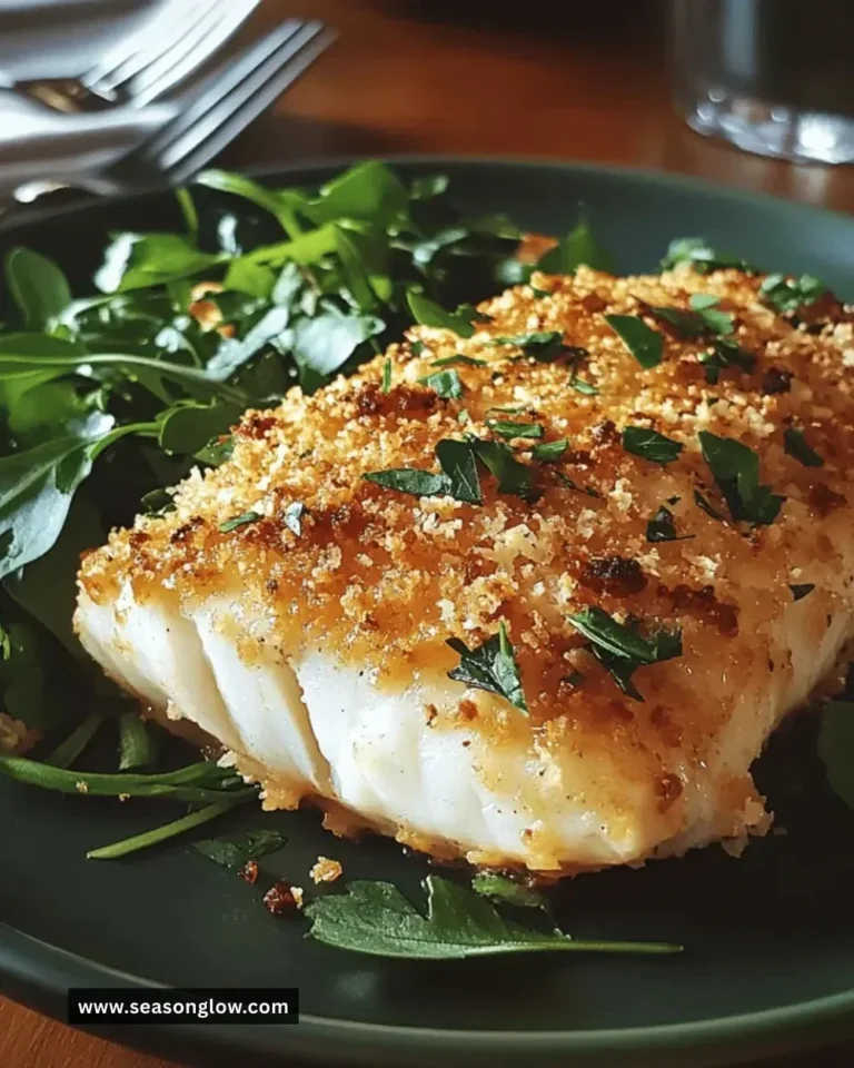 Plate of Easy Parmesan Crusted Baked Fish garnished with lemon and herbs
