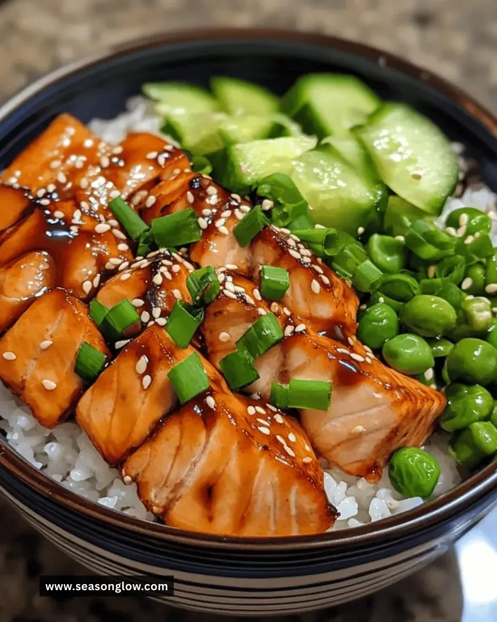 Easy quick teriyaki salmon bowl with vegetables and rice
