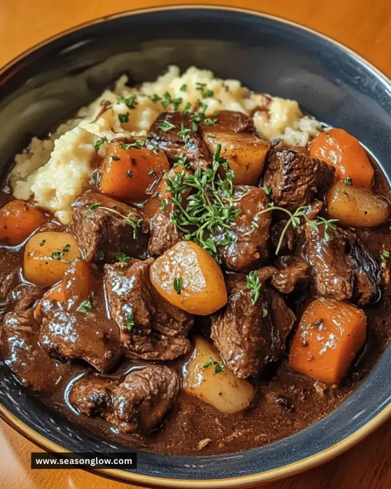 Delicious slow-cooked beef bourguignon served in a rustic bowl