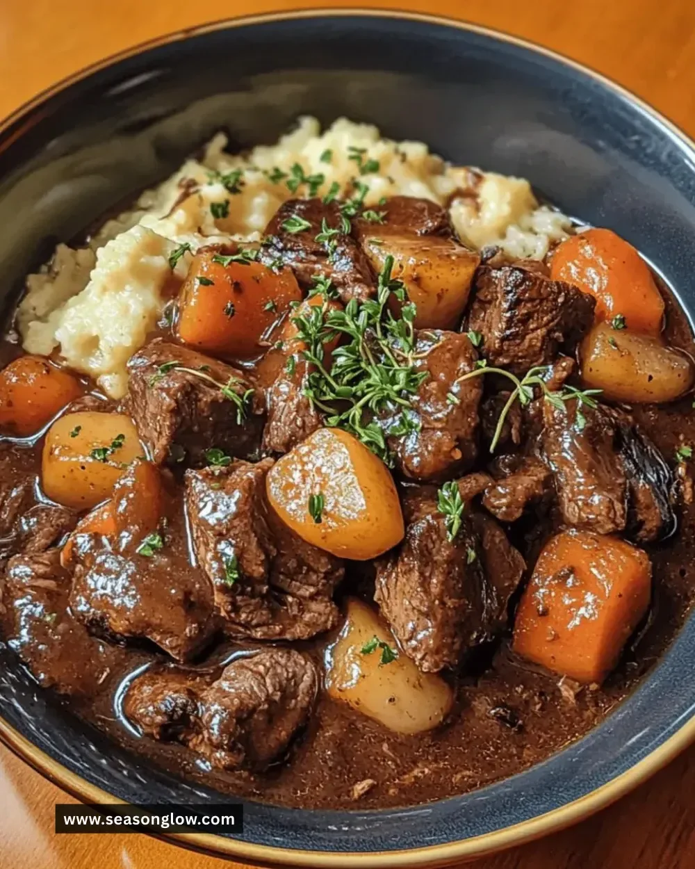 Delicious slow-cooked beef bourguignon served in a rustic bowl