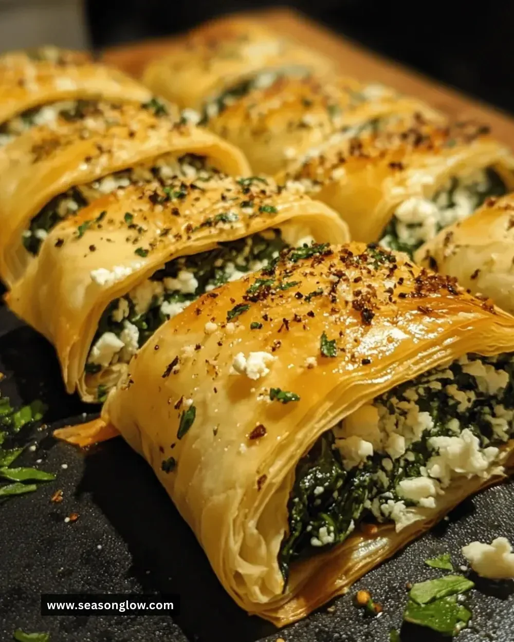 Easy spinach feta phyllo rolls with flaky pastry and creamy filling