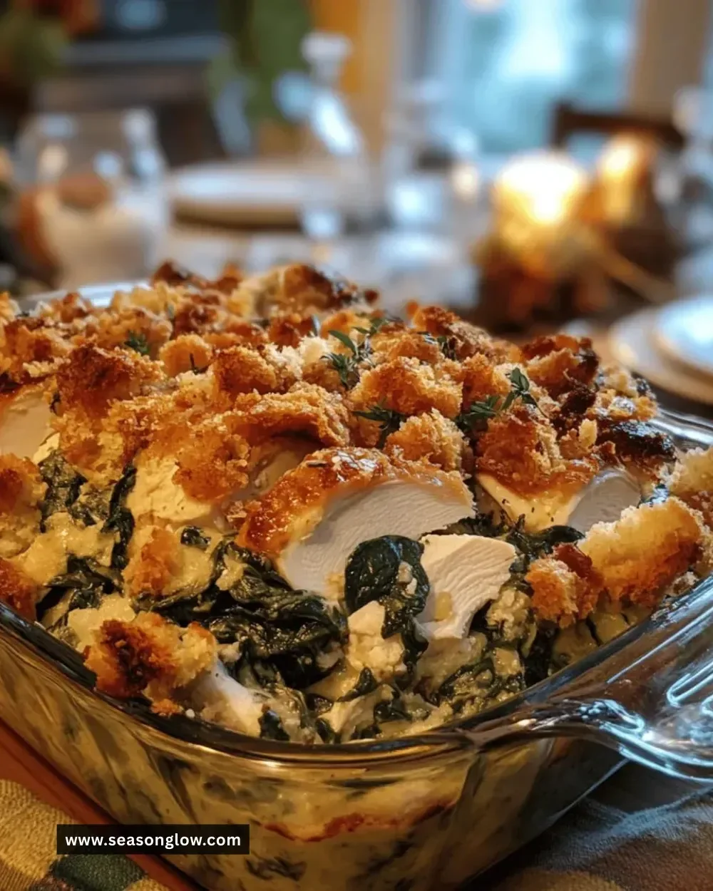 Easy Thanksgiving Turkey and Spinach Casserole dish served on a festive table