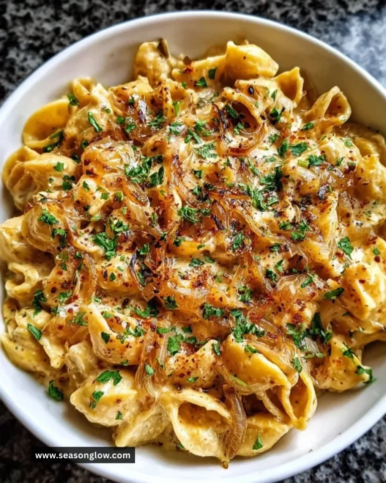 Creamy French onion pasta garnished with herbs and cheese in a bowl