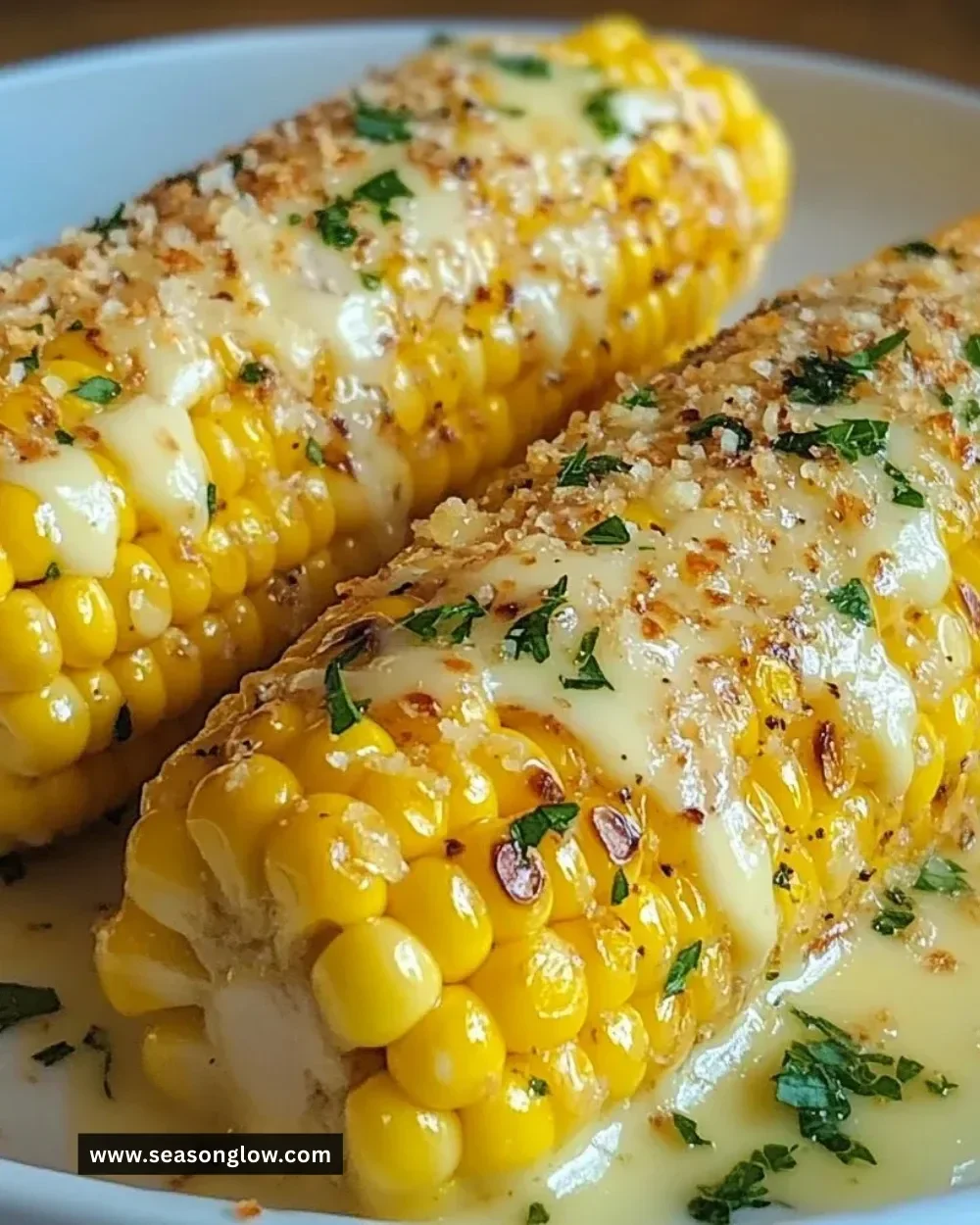 Delicious Garlic Parmesan Corn on the Cobb served with herbs and cheese
