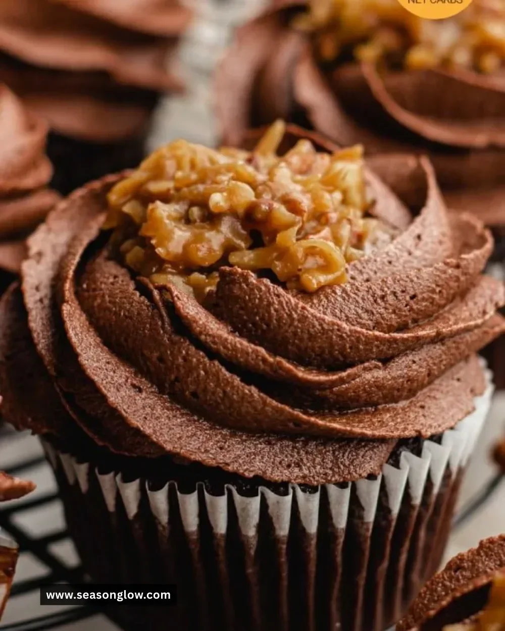 Delicious German chocolate cupcakes with creamy coconut pecan frosting
