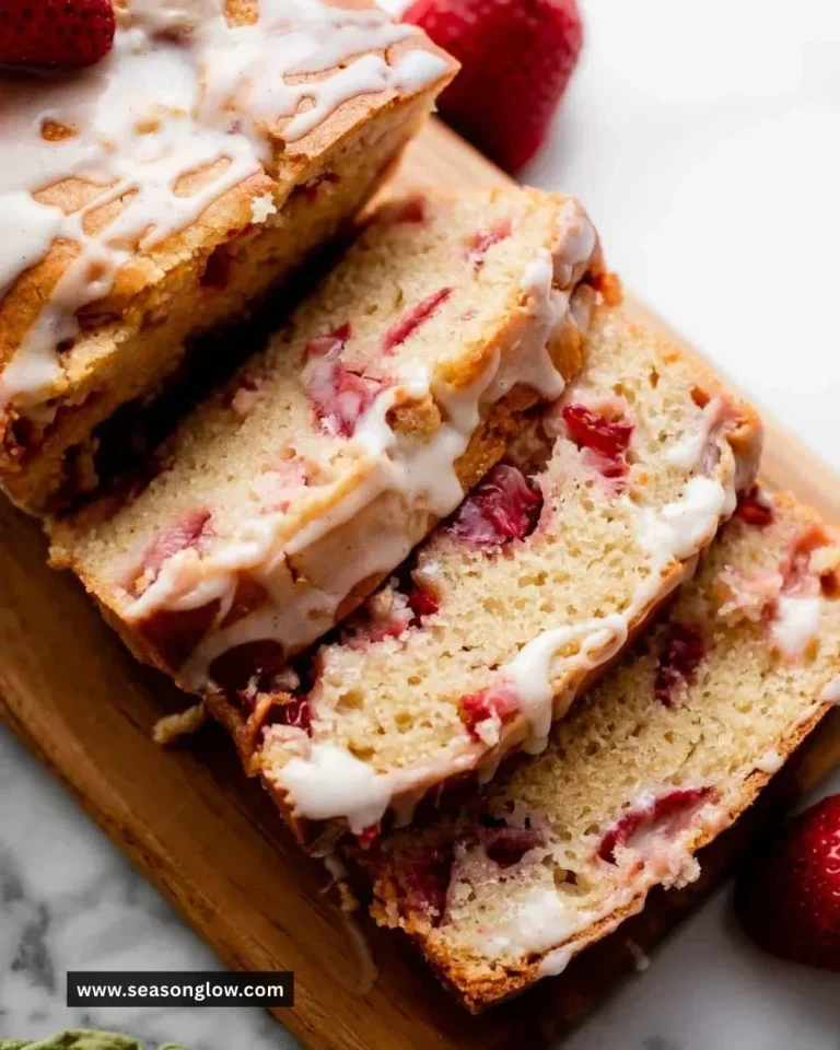 Loaf of glazed strawberry bread with fresh strawberries on top