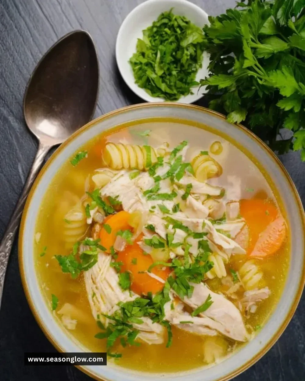 Bowl of homemade chicken noodle soup with vegetables and noodles