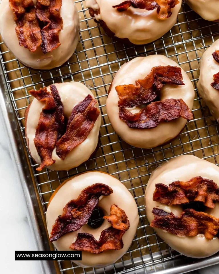 Delicious homemade maple bacon doughnuts topped with crispy bacon and maple glaze.