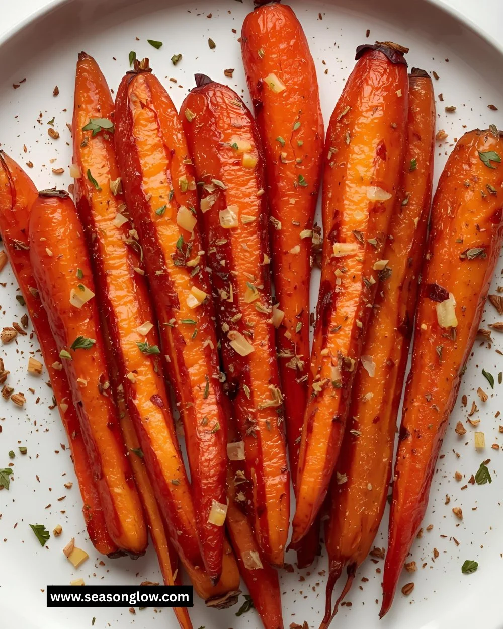 Plate of honey garlic butter roasted carrots garnished with herbs.
