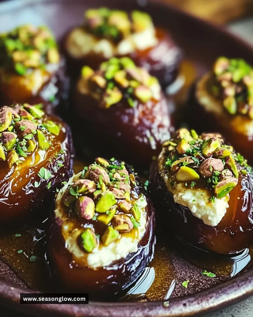 Honey pistachio ricotta stuffed dates on a wooden platter
