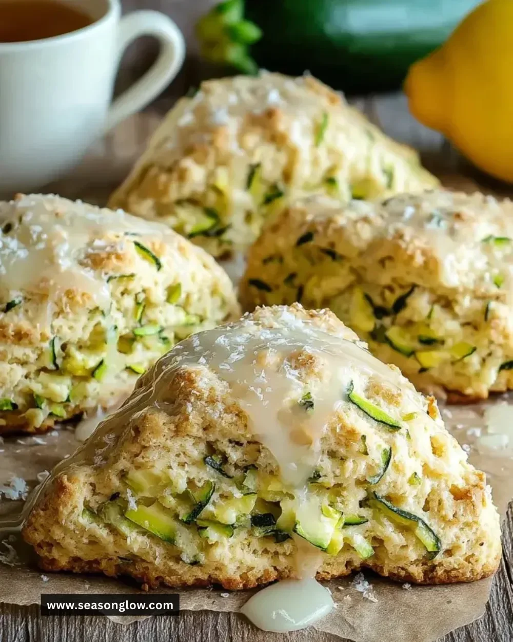 Freshly baked Lemon Zucchini Scones with a zesty lemon glaze