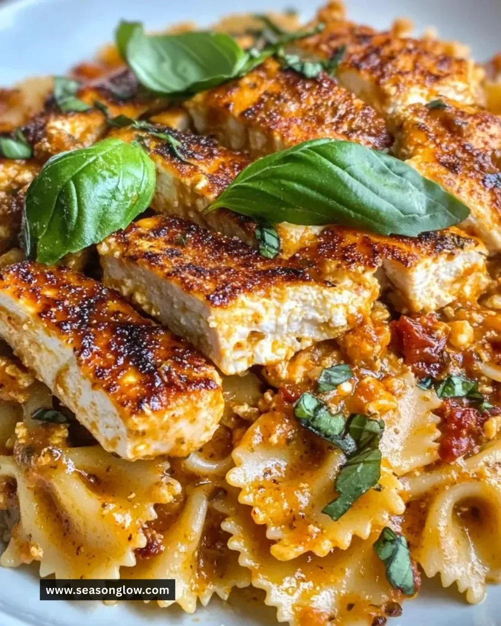 Bowl of vegan Marry Me Chicken Pasta with fresh herbs and ingredients
