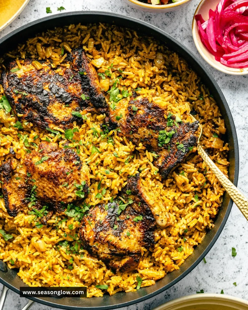 One pan chicken shawarma served with rice and fresh vegetables.