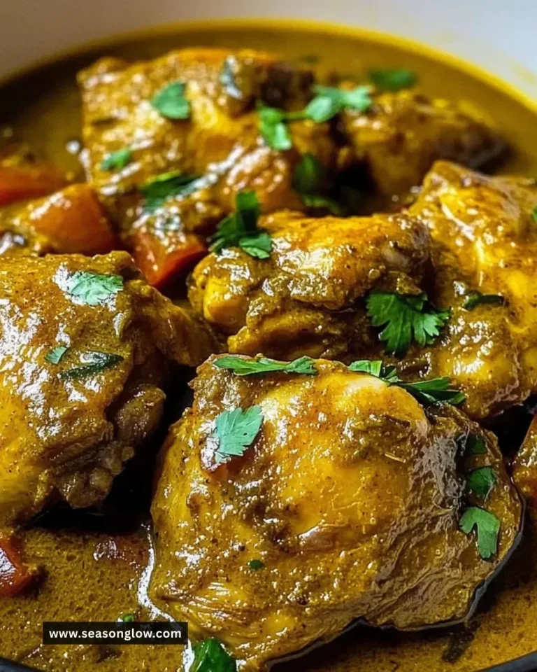A delicious plate of One-Pot Jamaican Curry Chicken garnished with herbs.
