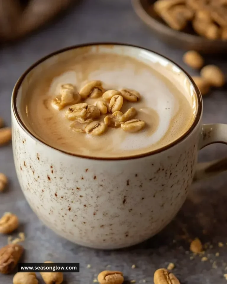 Delicious peanut butter coffee served in a mug with a frothy topping