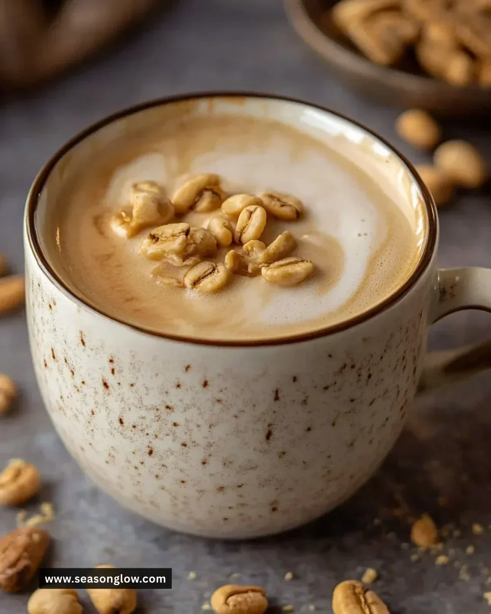Delicious peanut butter coffee served in a mug with a frothy topping