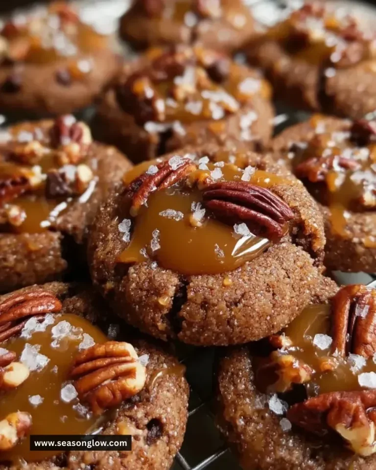 Pecan Caramel Thumbprint Cookies with caramel and pecans on white plate