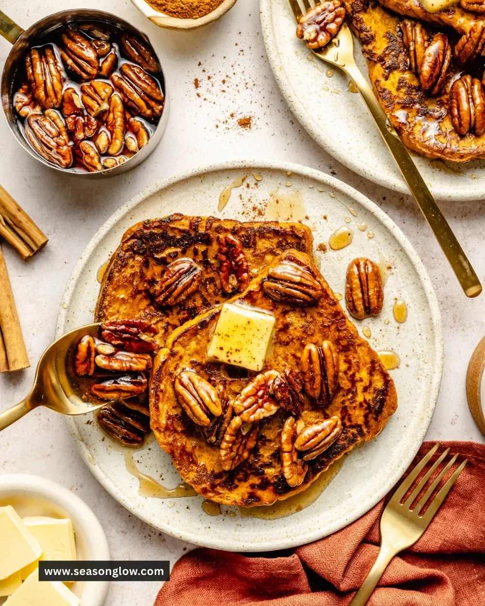 Delicious Pumpkin French Toast with Spiced Pecan Syrup on a plate