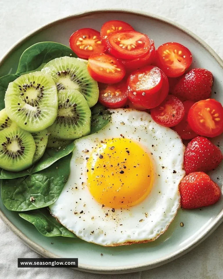 Colorful rainbow protein breakfast plate featuring eggs, fruits, and greens.