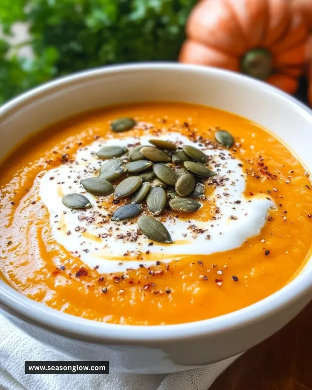Bowl of roasted butternut squash and red pepper soup garnished with herbs