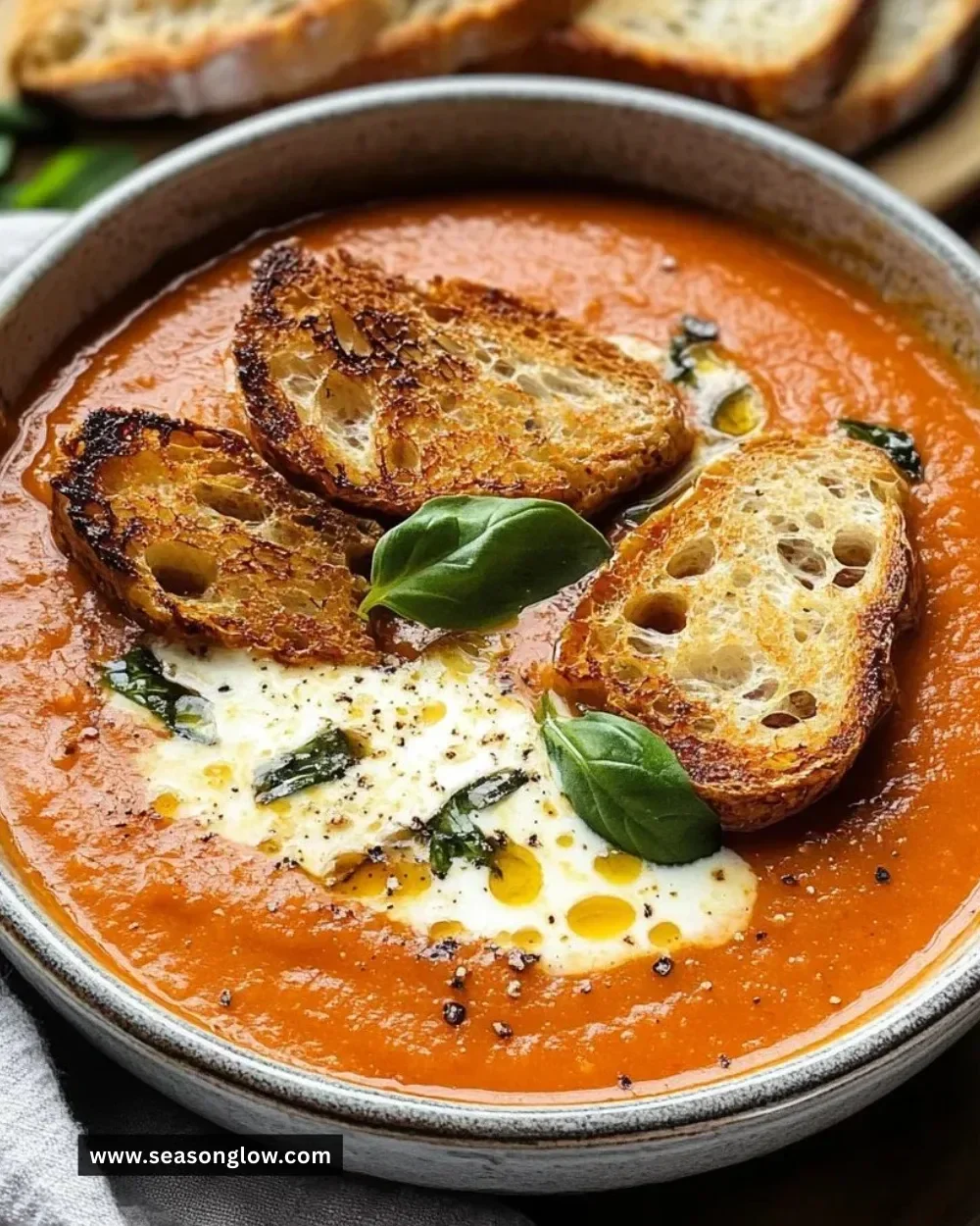 Bowl of roasted tomato soup with crispy Gruyère toasts on the side
