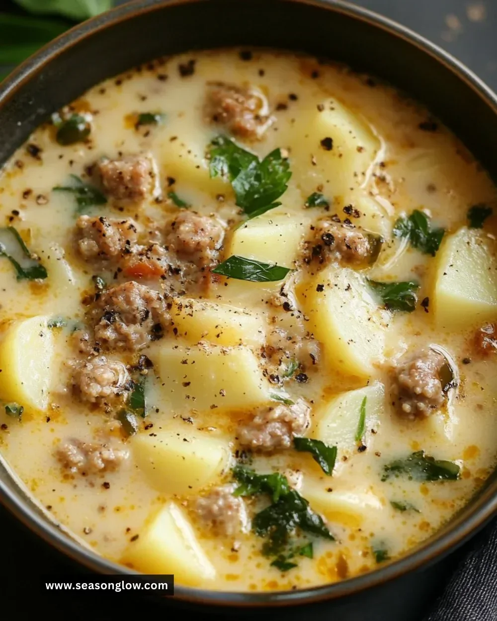Bowl of delicious Sausage Potato Soup garnished with herbs