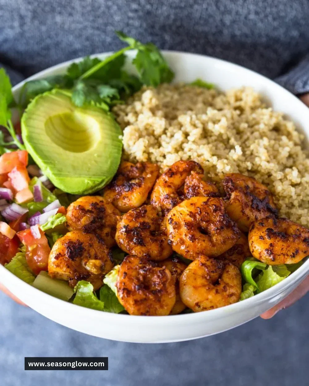 Shrimp Avocado Quinoa Bowl with fresh ingredients on a plate