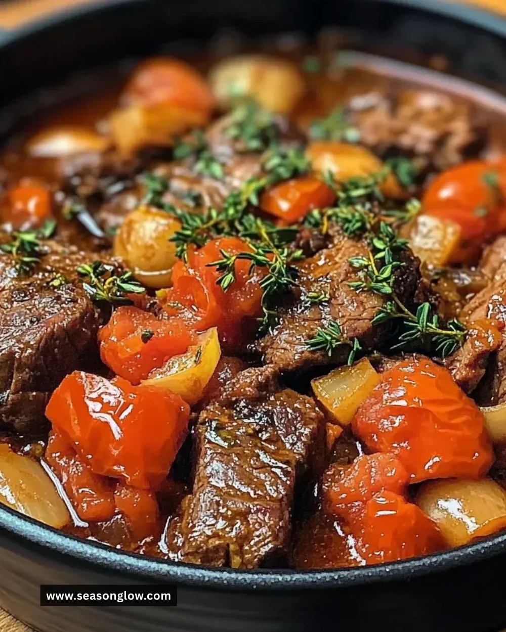 Delicious slow-baked beef casserole with herbs and tomatoes in a rustic dish