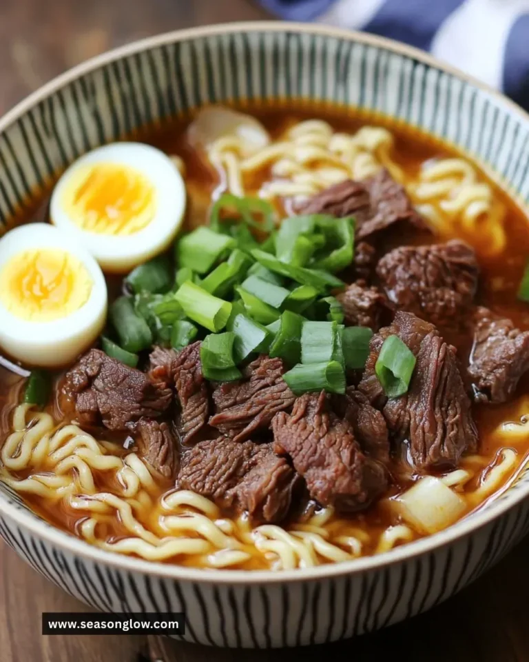 Bowl of slow cooker beef ramen noodles topped with green onions and soft-boiled egg.