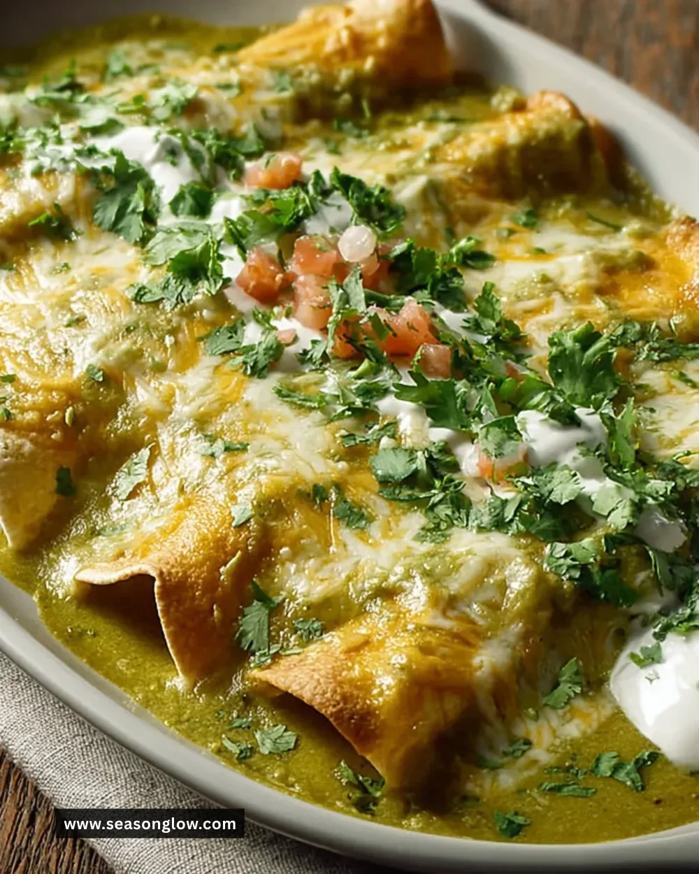 Delicious Swiss Enchiladas topped with cheese and fresh ingredients