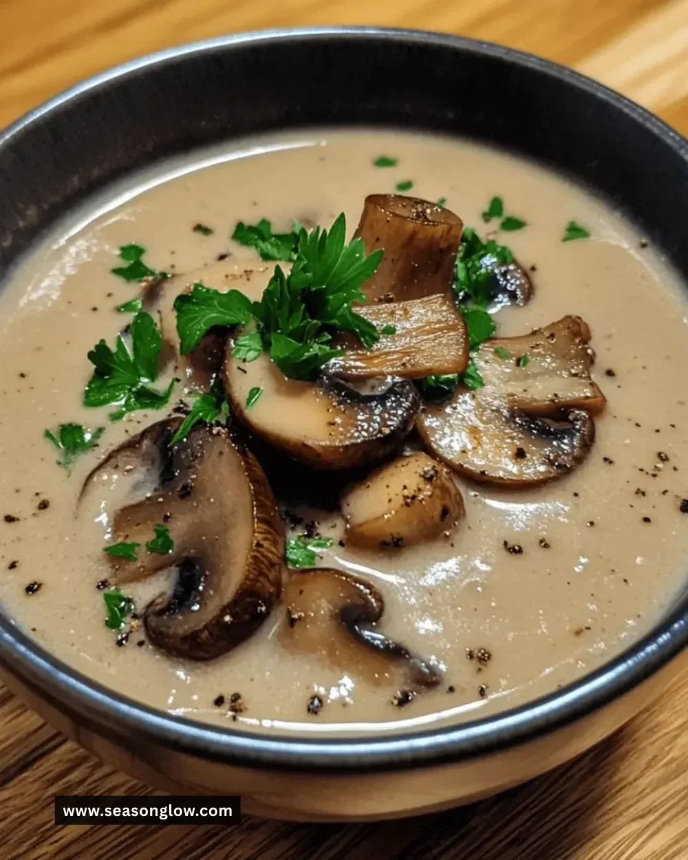 Bowl of creamy mushroom soup garnished with herbs and served with bread