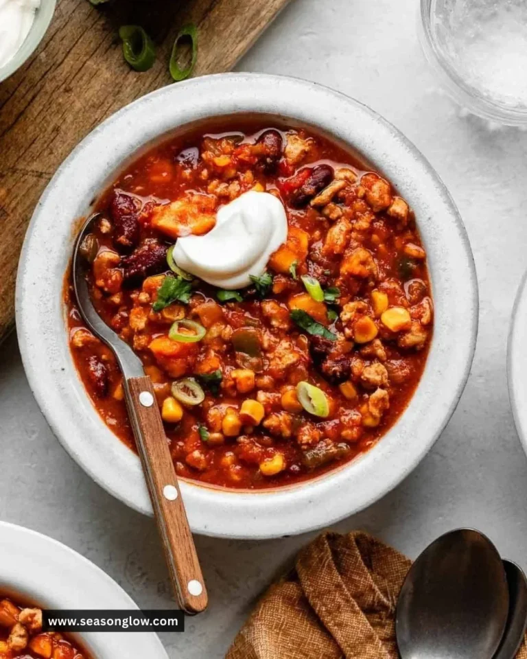 Bowl of turkey sweet potato chili garnished with cilantro and lime