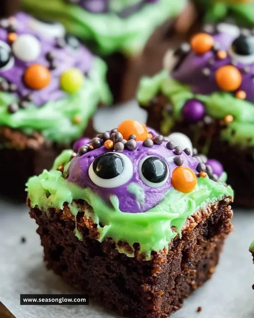 Witch's Cauldron Halloween brownie bites decorated for spooky festivities