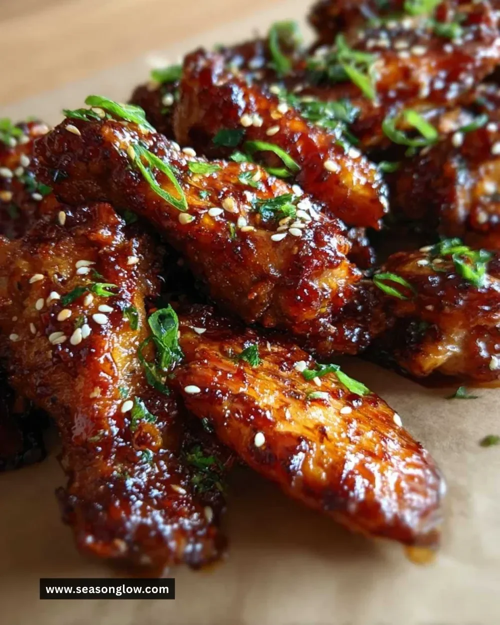 Delicious Maple Sriracha Wings garnished with fresh herbs