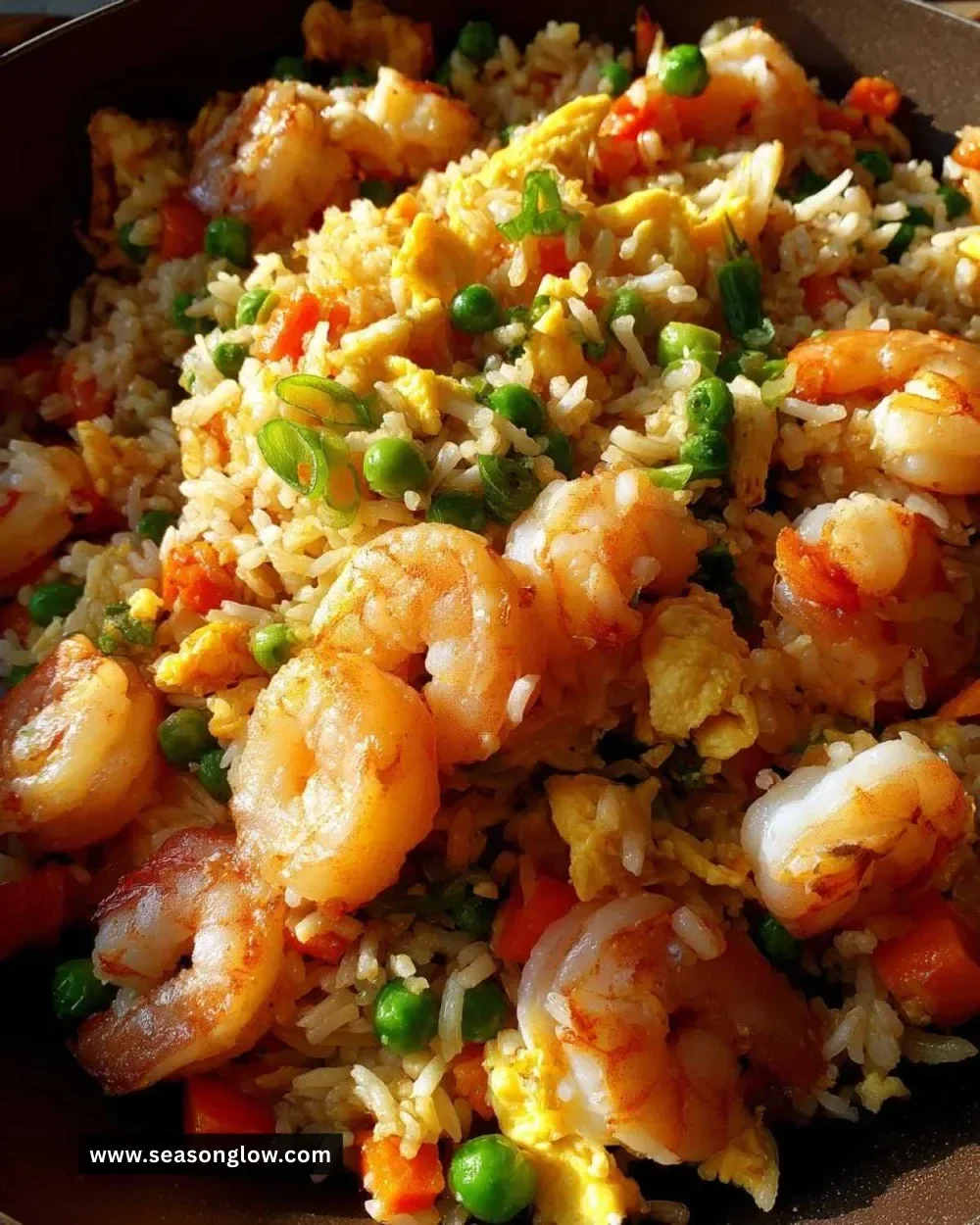 Plate of amazing shrimp fried rice garnished with vegetables and herbs
