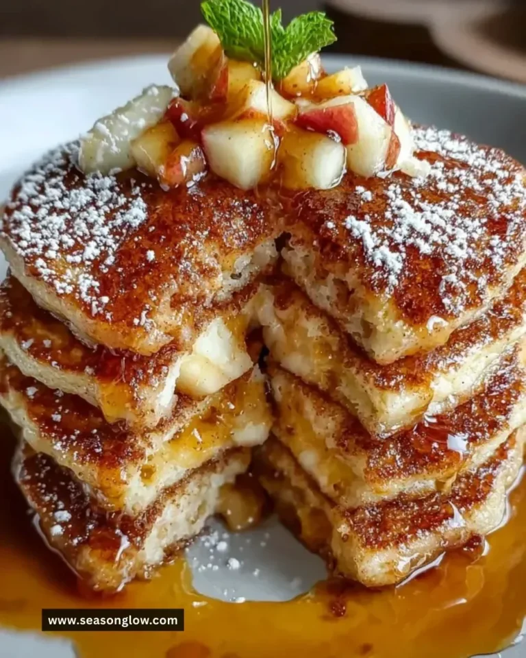 Fluffy apple pie pancakes topped with vanilla maple syrup and apple slices