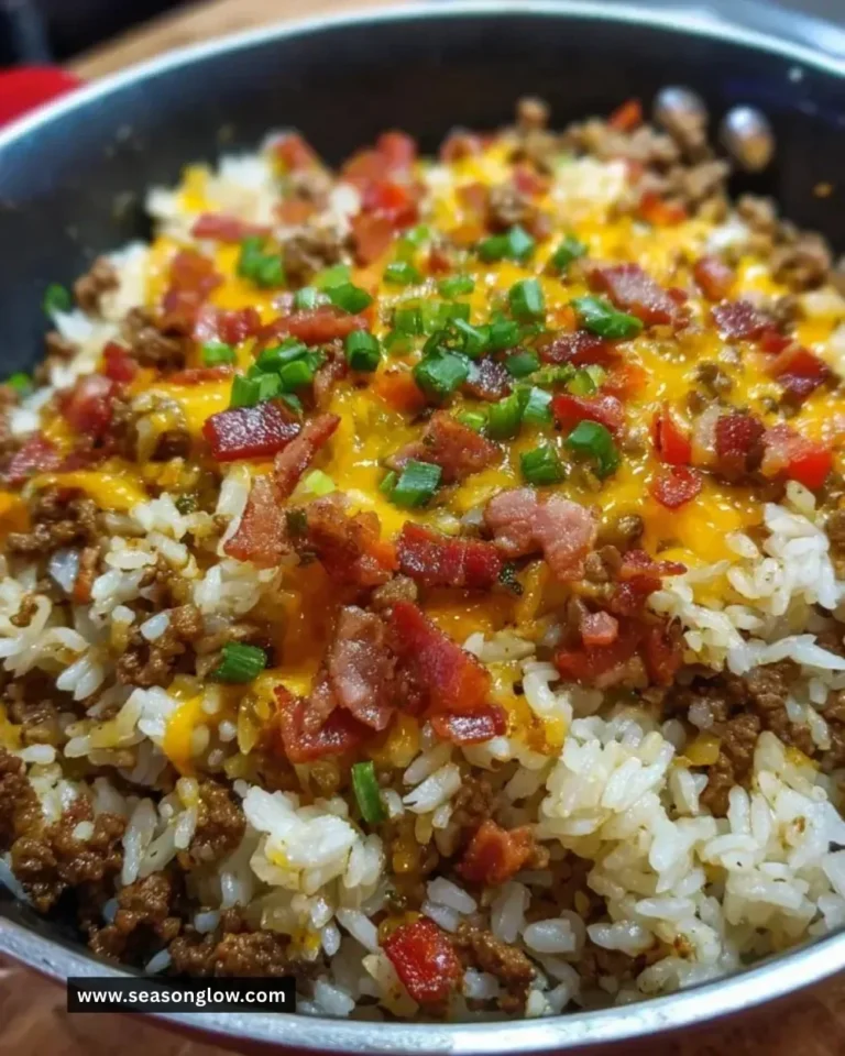Delicious Bacon Cheeseburger Rice Skillet topped with cheese and crispy bacon