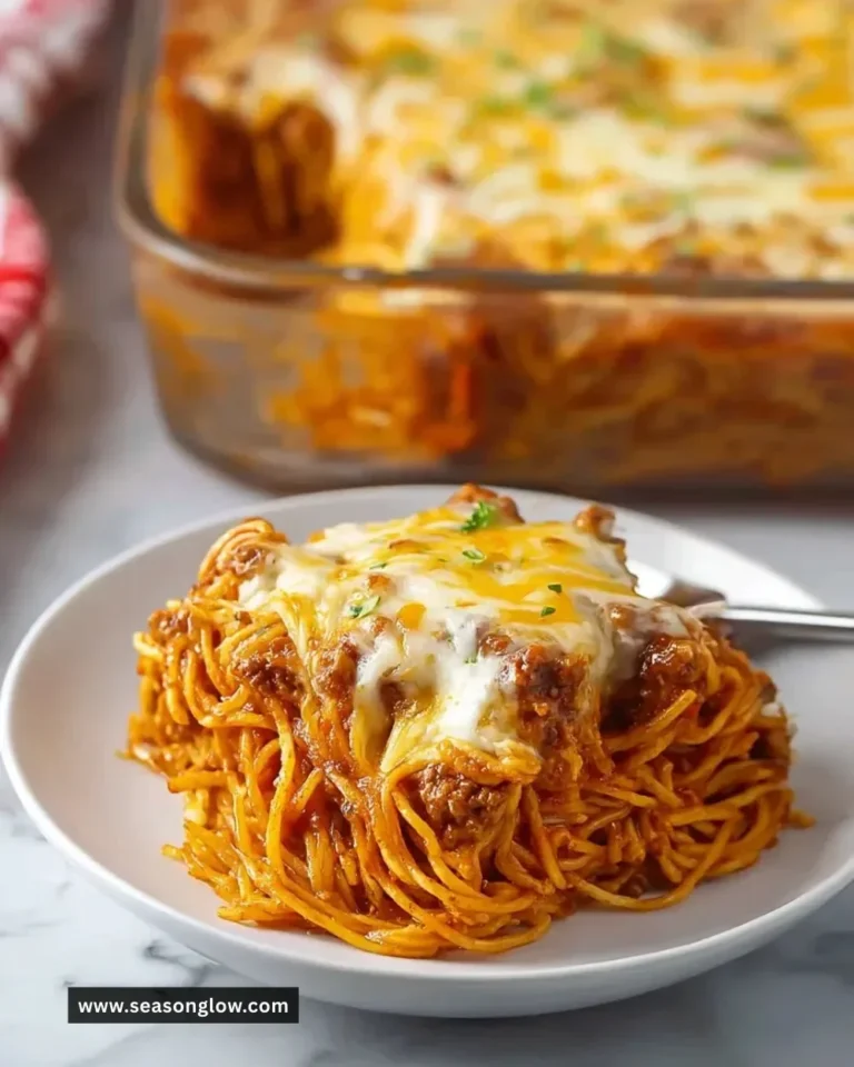 Baked Cream Cheese Spaghetti Casserole topped with cheese and herbs
