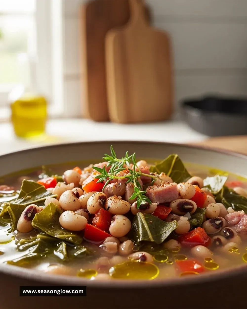 Delicious black eyed peas bean soup served in a bowl with herbs.