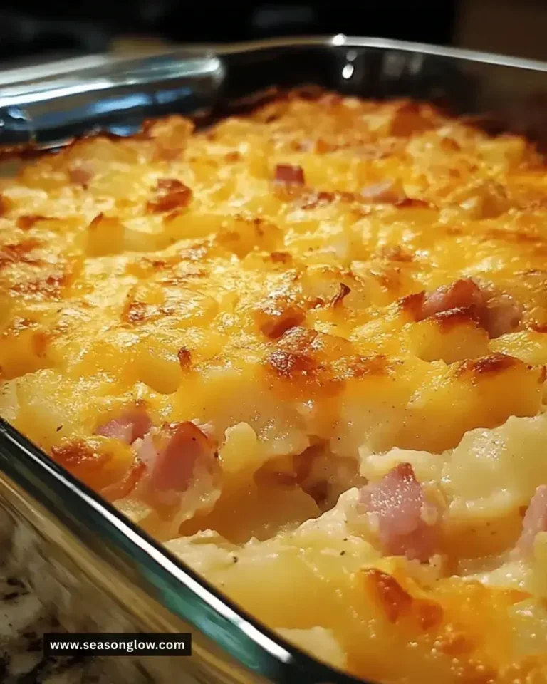 Delicious cheesy ham potato casserole served in a baking dish.