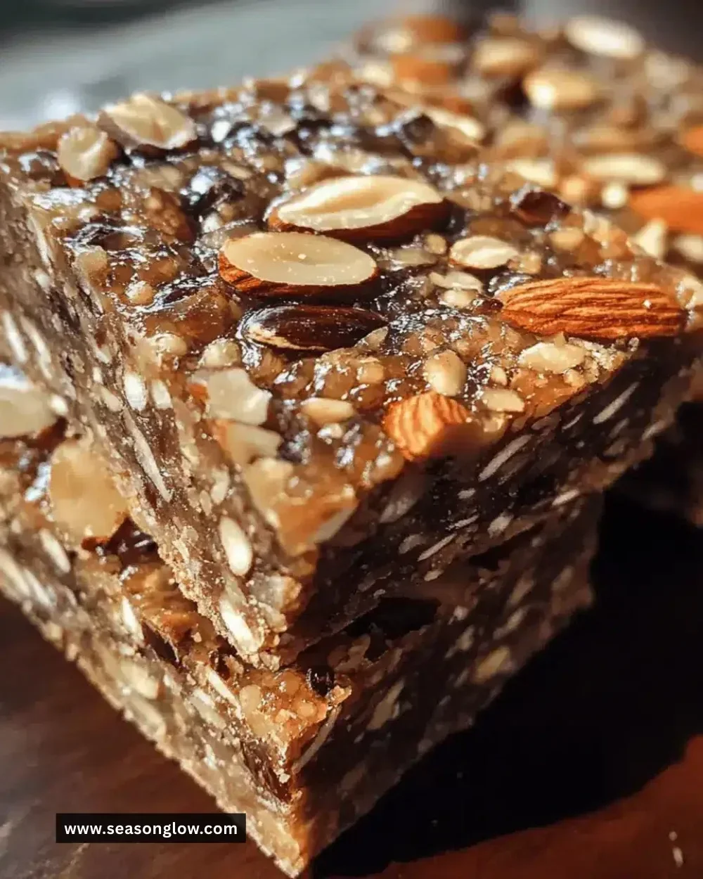 Chewy roasted almond date energy bars on a wooden table