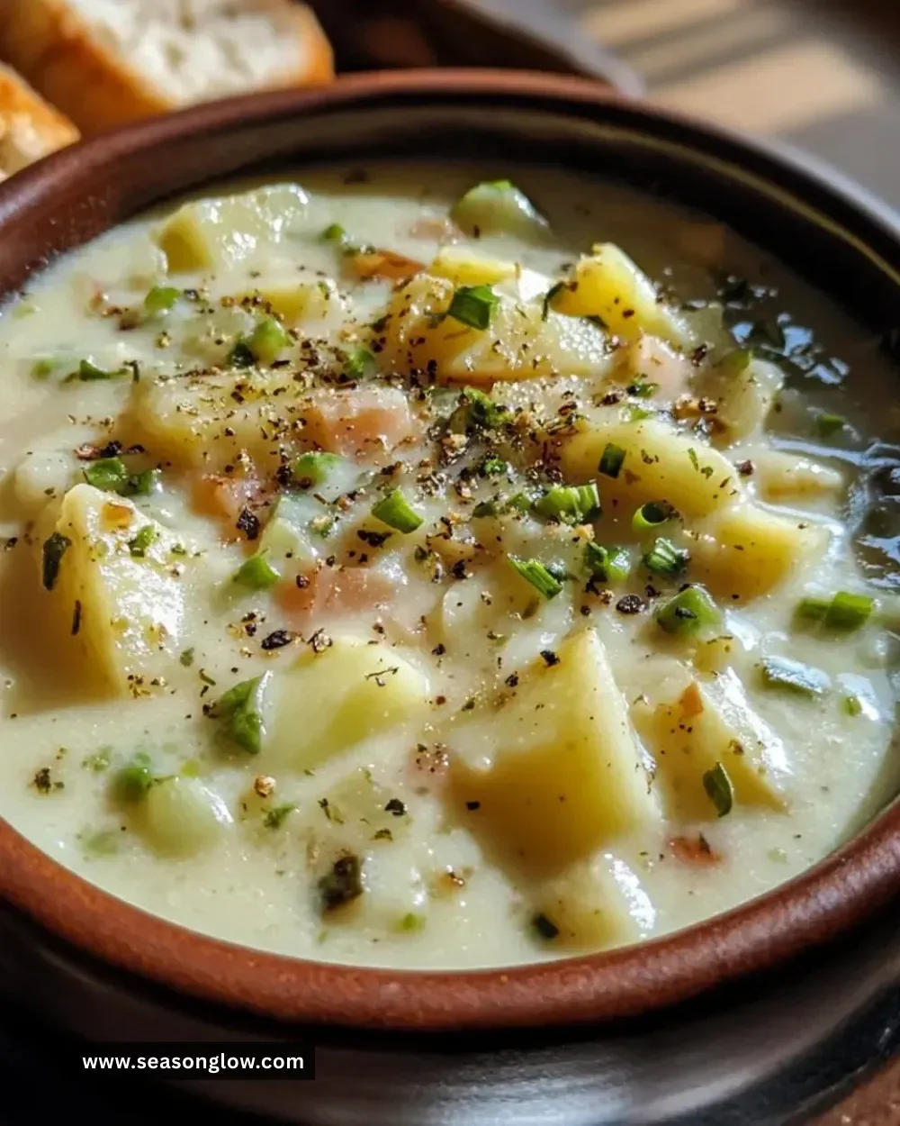 Creamy potato-leek chowder served in a bowl with fresh herbs