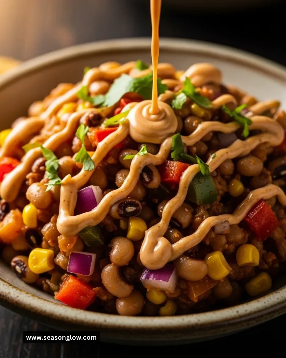 Bowl of flavorful Black Eyed Pea Dip served as an appetizer