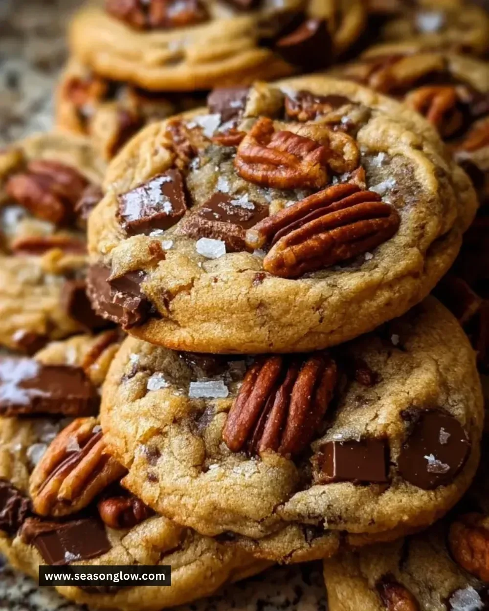 Delicious brown butter bourbon pecan chocolate chunk cookies on a plate.