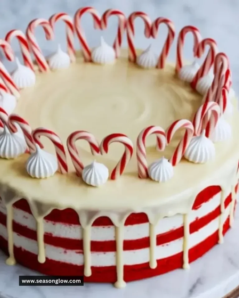 Delicious Candy Cane Cake topped with crushed candy canes and holiday decorations.