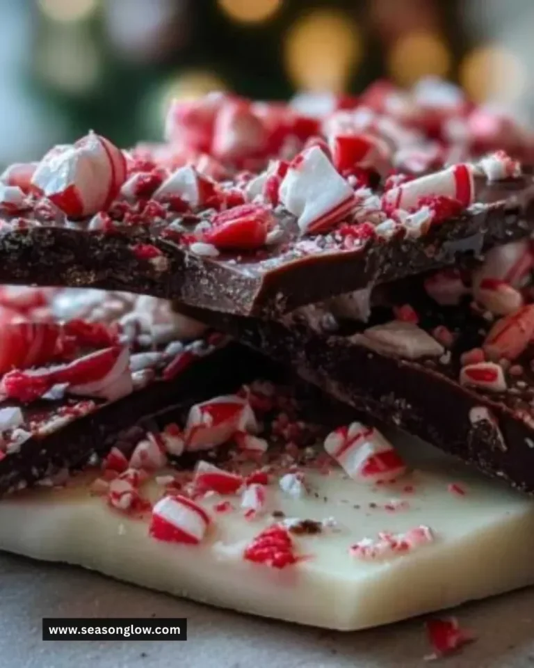Delicious candy cane chocolate bark topped with crushed candy canes.