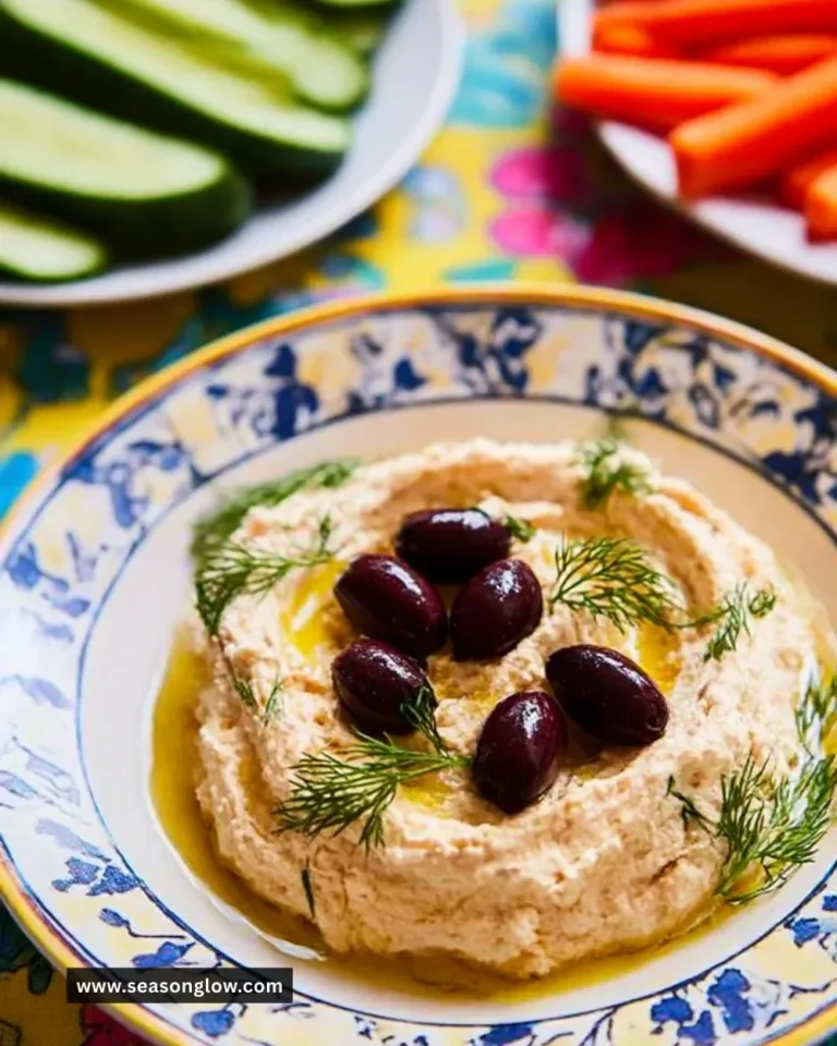 Bowl of Cheat's Taramasalata served with pita bread and garnished with olives.
