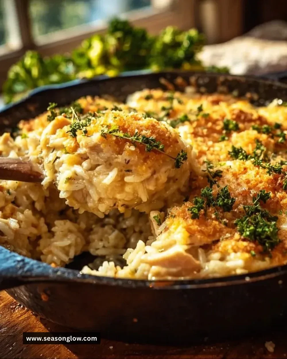 Cheesy chicken and rice casserole topped with melted cheese and herbs