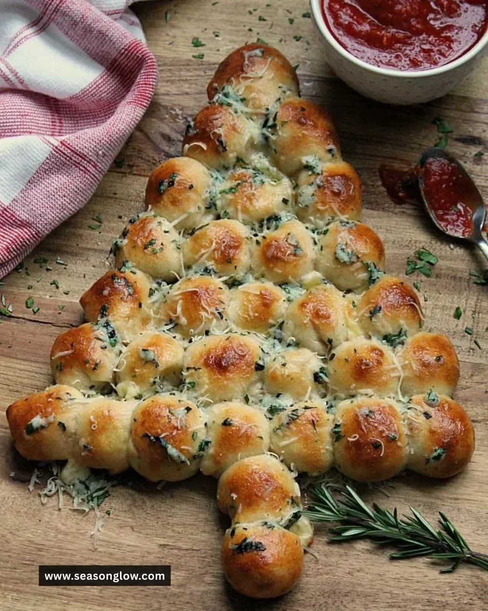 Cheesy Christmas tree bread decorated for the holidays